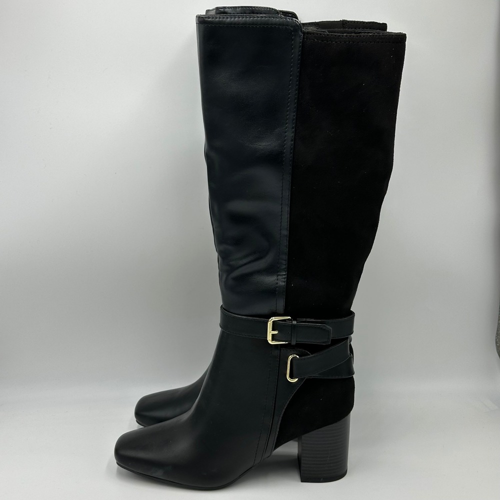 NWD Liz Claiborne Hemlock Black Faux Leather Block Heel Riding Boots Womens 6M - Picture 1 of 12